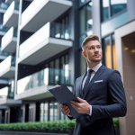 agent-immobilier-costume-immeuble-moderne